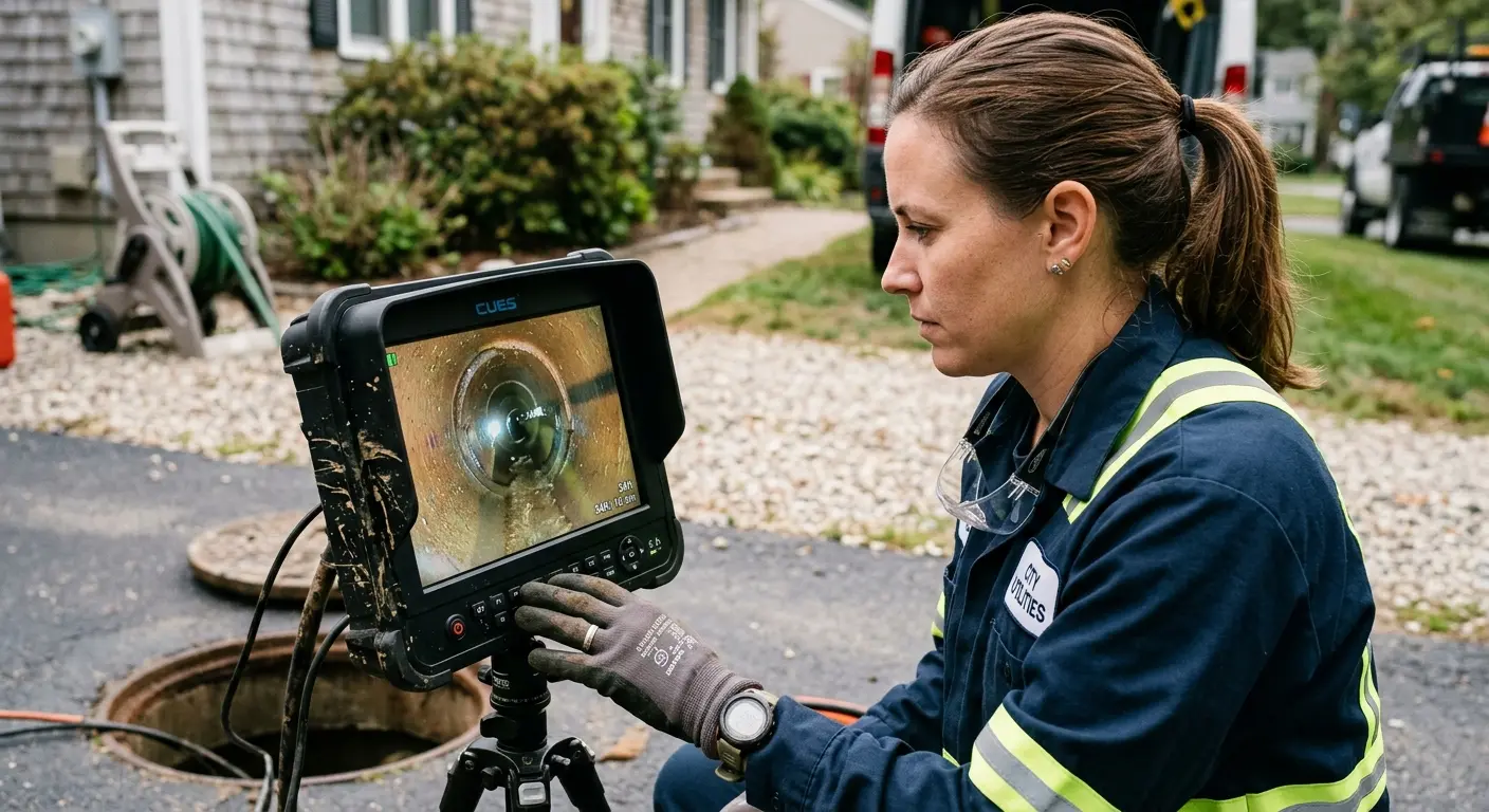 Technician reviewing sewer camera inspection footage in Montrose