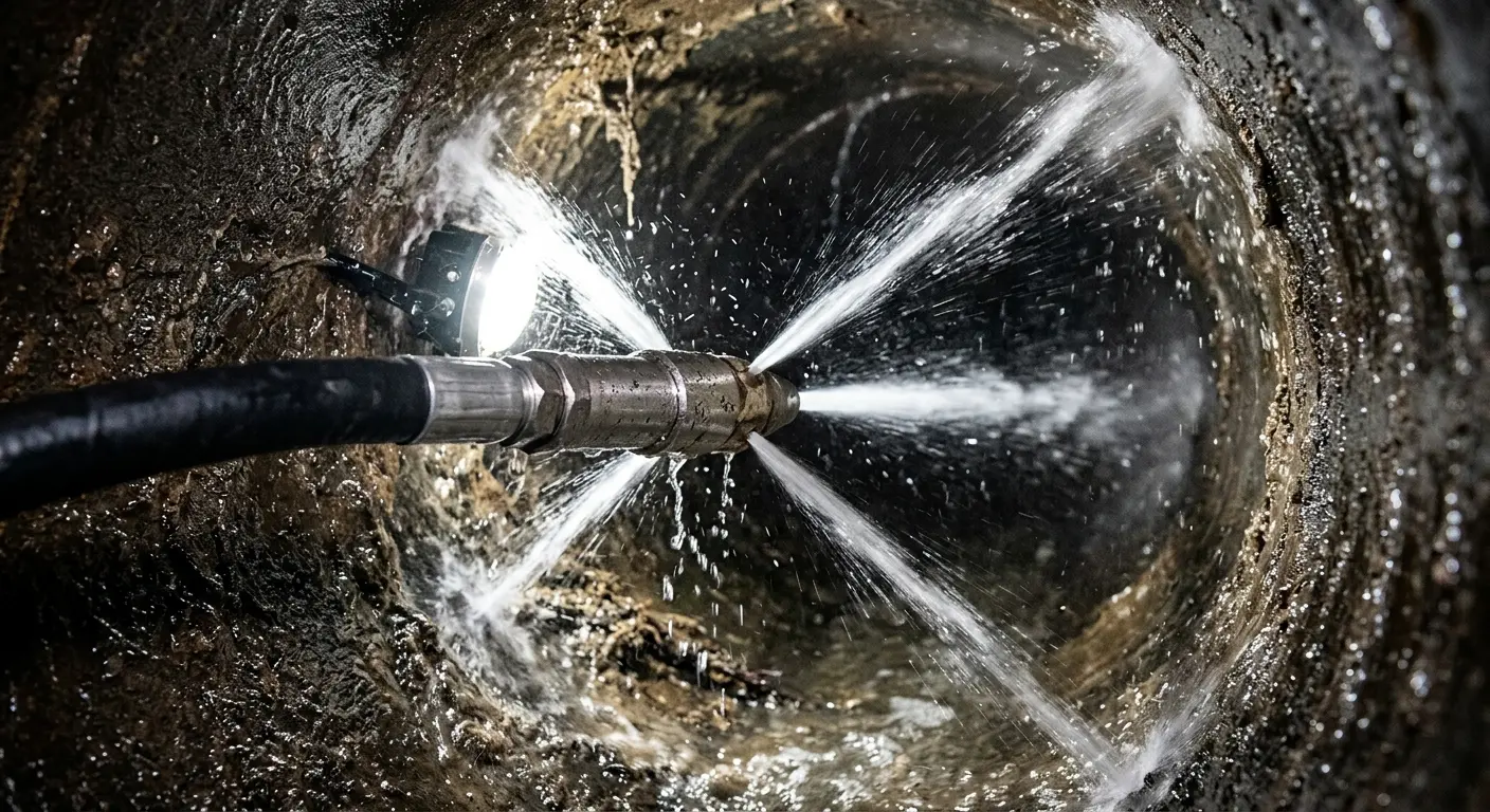High-pressure hydro jetting nozzle cleaning sewer pipe for Emergency Drain Service in Montrose